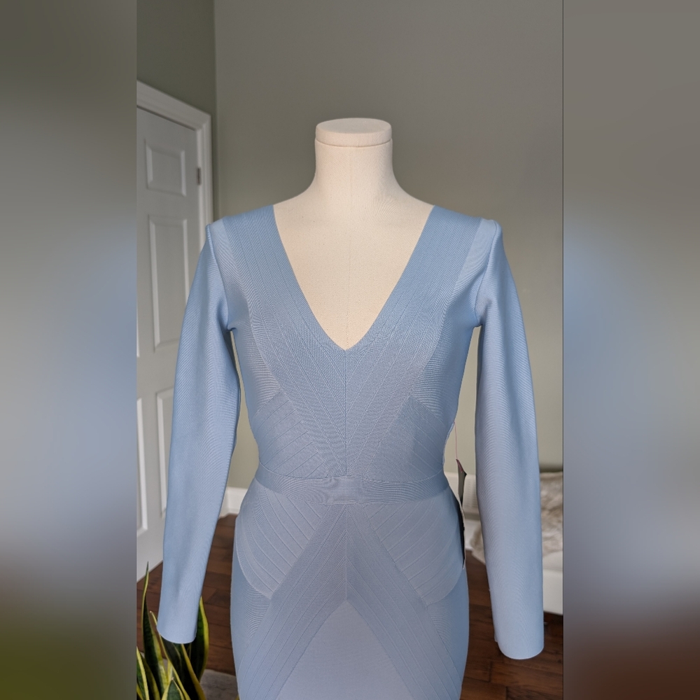 BEBE Dusk Blue Bandage Midi Dress V-Neck Glam Size S